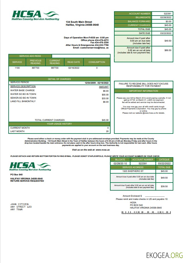 USA Virginia HCSA utility bill template in Word and PDF format